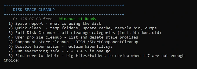 The Disk Space Cleanup menu in a command window: free space on C:, then eight numbered options from a space report to a full cleanup.