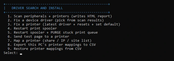 The Driver Search and Install menu in a command window: nine numbered options, including scanning devices and printers, fixing a driver and mapping a printer.