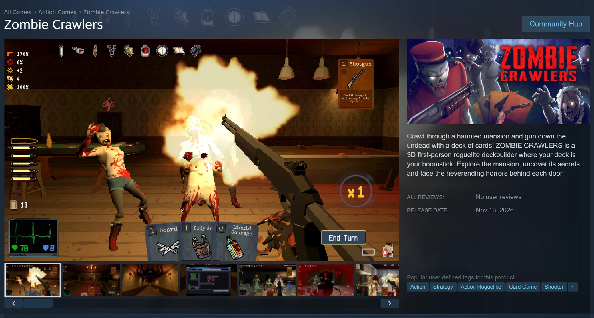 The Steam store page for Zombie Crawlers: a gameplay screenshot of a shotgun firing at zombies with cards along the bottom, the game's cover art, a short description, and a release date of Nov 13, 2026.