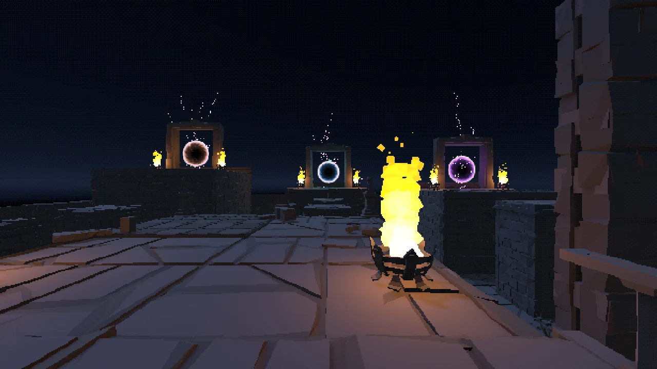 The same courtyard from the same camera, now with stone paving, brick walls, a burning brazier and three glowing portals lit by torches.