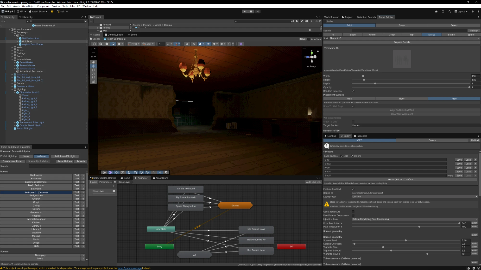 The Unity editor with a dark bedroom from Zombie Crawlers in the scene view, surrounded by custom panels: a decal painter with paint, erase and category buttons, a list of rooms to open, and a panel of screen-effect sliders.