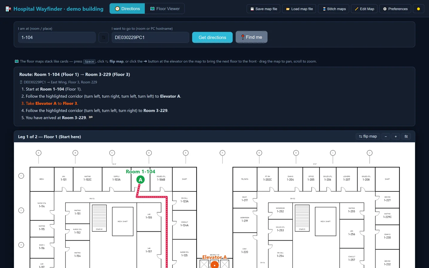 A wayfinding tool showing a route from Room 1-104 on Floor 1 to Room 3-229 on Floor 3, with five written steps and a floor plan with the route drawn to an elevator.